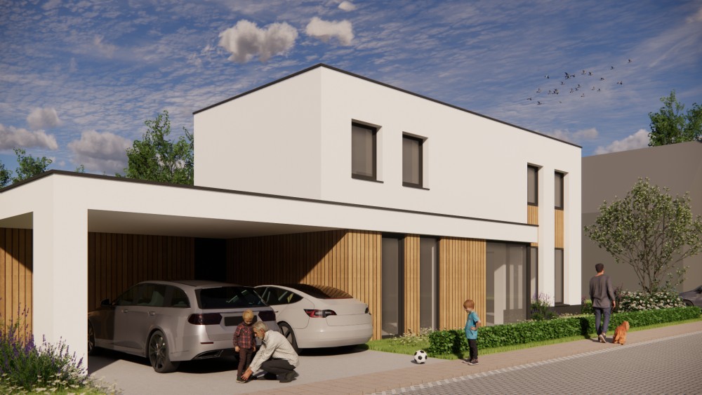 Afbeelding van Kubistische woning met witte gevels, houten accenten en strak vormgegeven carport - 0c4f3583-5f3c-44c4-9c6d-f6e9662006f8