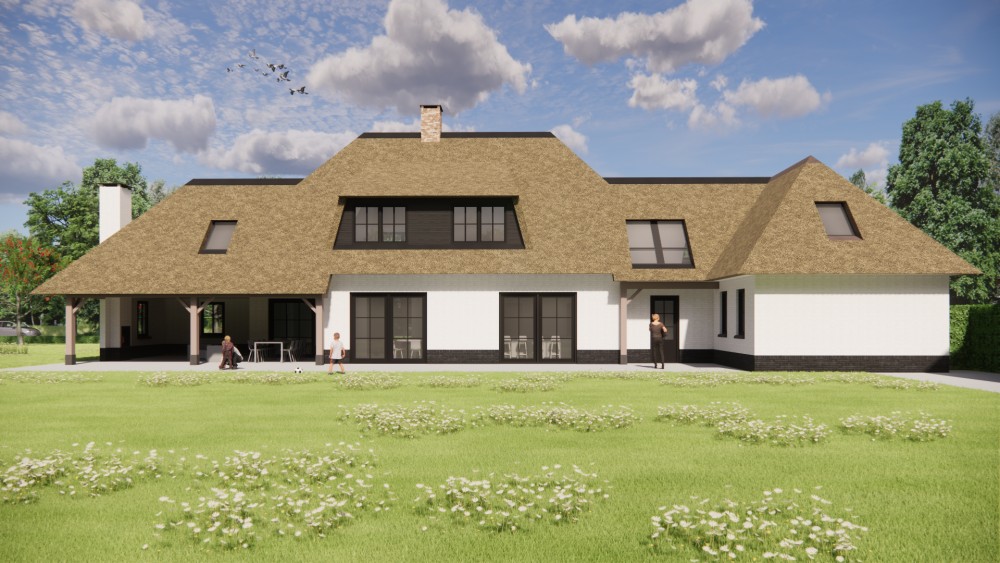 3D Render van landelijke villa met rieten schilddak, houten luiken en wit pleisterwerk 5