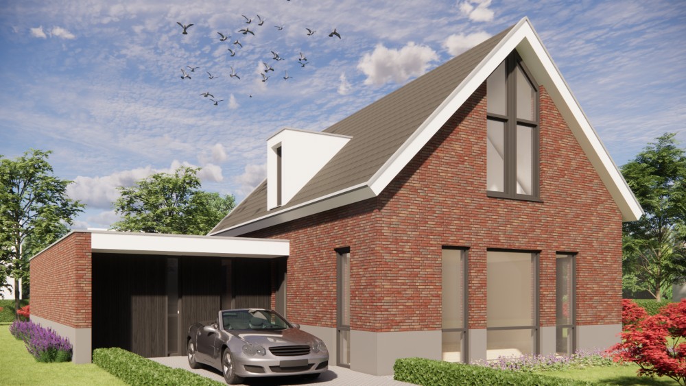 Afbeelding van Moderne woning met zadeldak, rood metselwerk en vlakke dakpannen - 7b42fe5a-8dd0-4f85-a1c9-40271e30c742