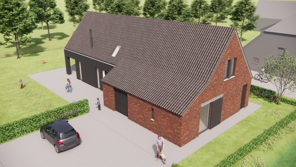 3D Render van moderne schuurwoning met metalen en metselwerk gevel 8