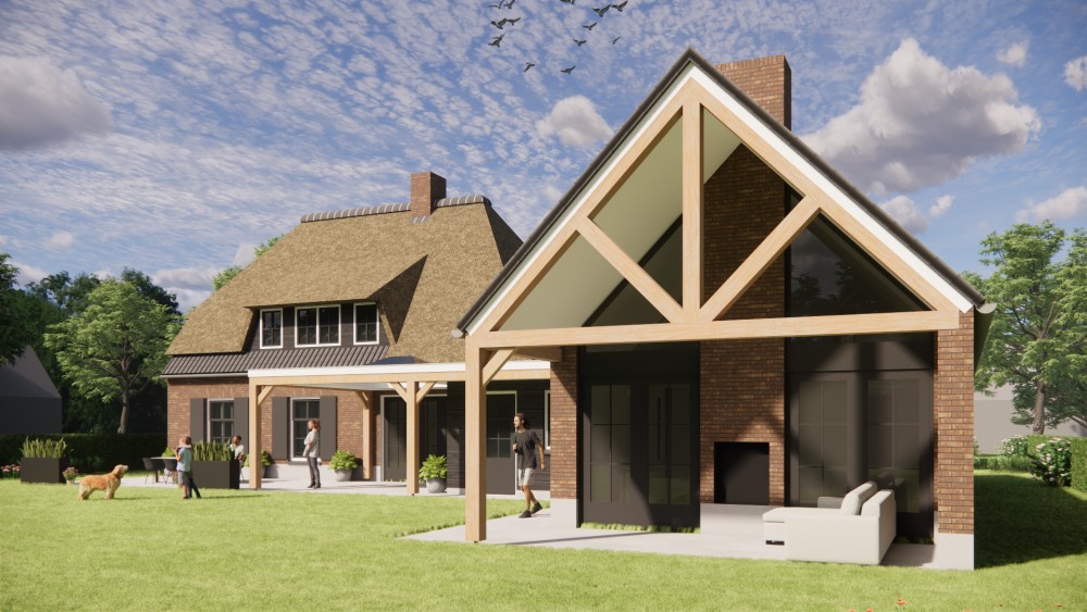 3D Render van vrijstaand landelijk huis met metselwerk gevels en wolfsdak in riet en gegolfde pannen 4