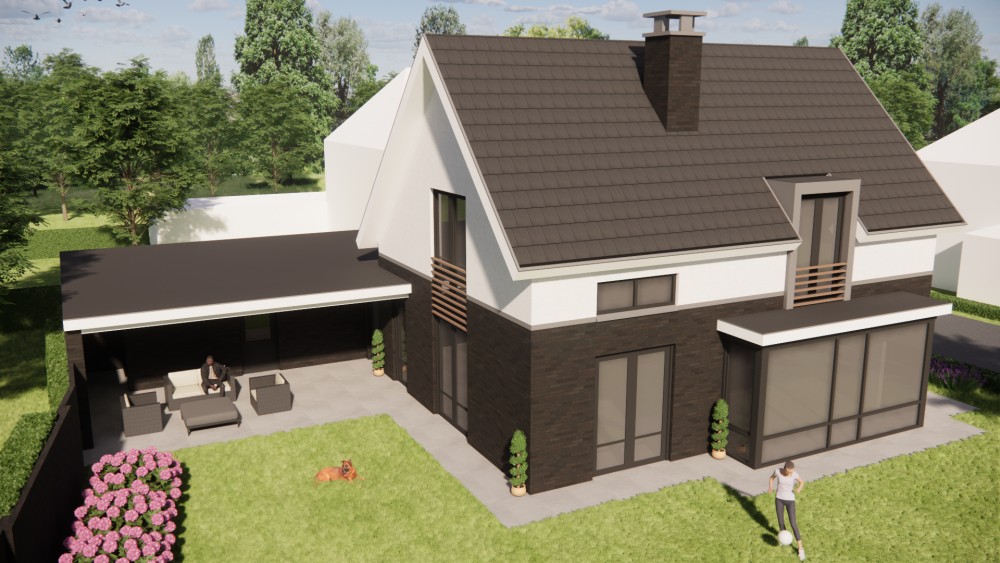3D Render van vrijstaande eigentijdse woning met metselwerkgevel en zadeldak met vlakke dakpannen 9