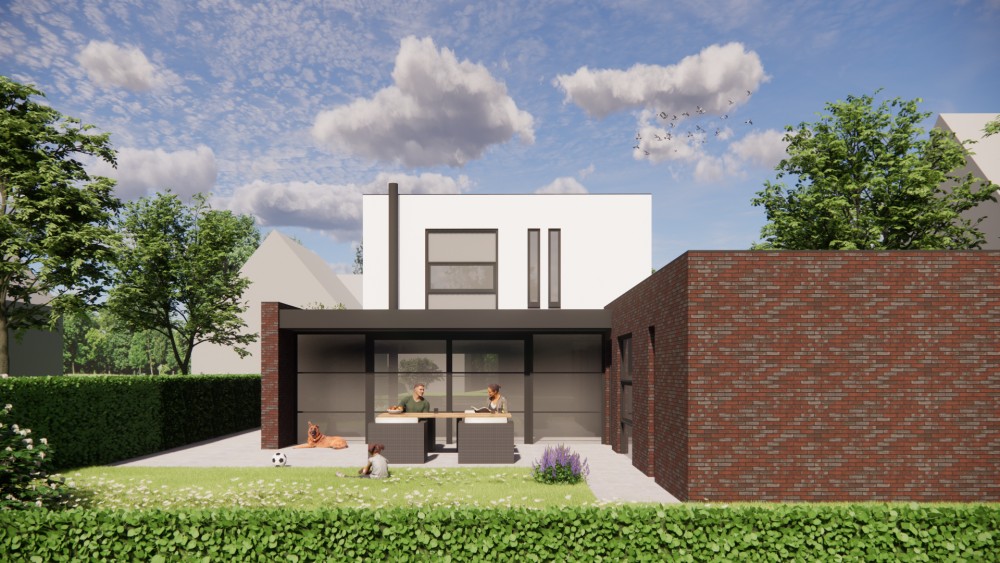 3D Render van kubuswoning met wit pleisterwerk en afgeronde hoekpartij 5