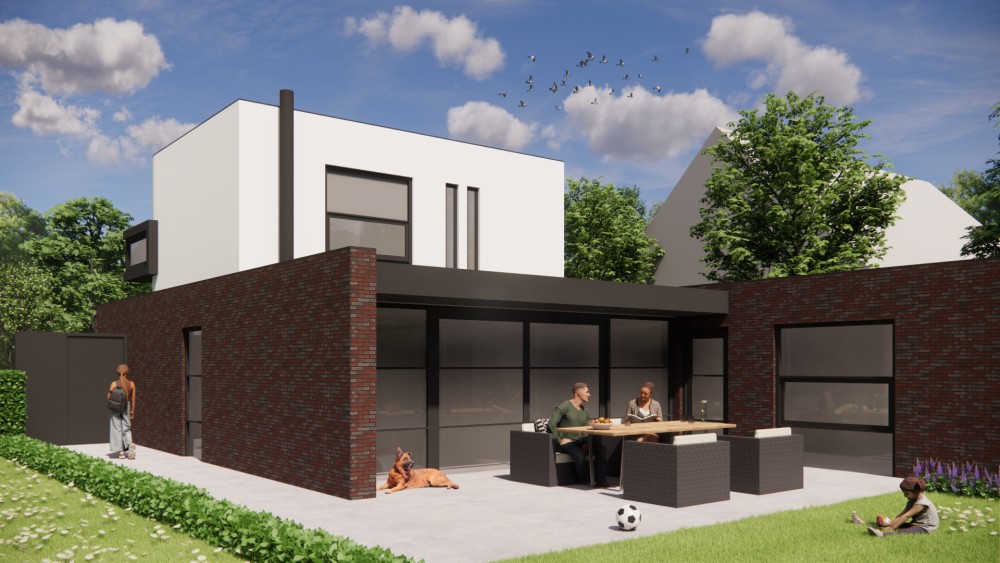 Afbeelding van Kubuswoning met wit pleisterwerk en afgeronde hoekpartij - 309eee28-1061-47d2-adab-24ae67d0e795