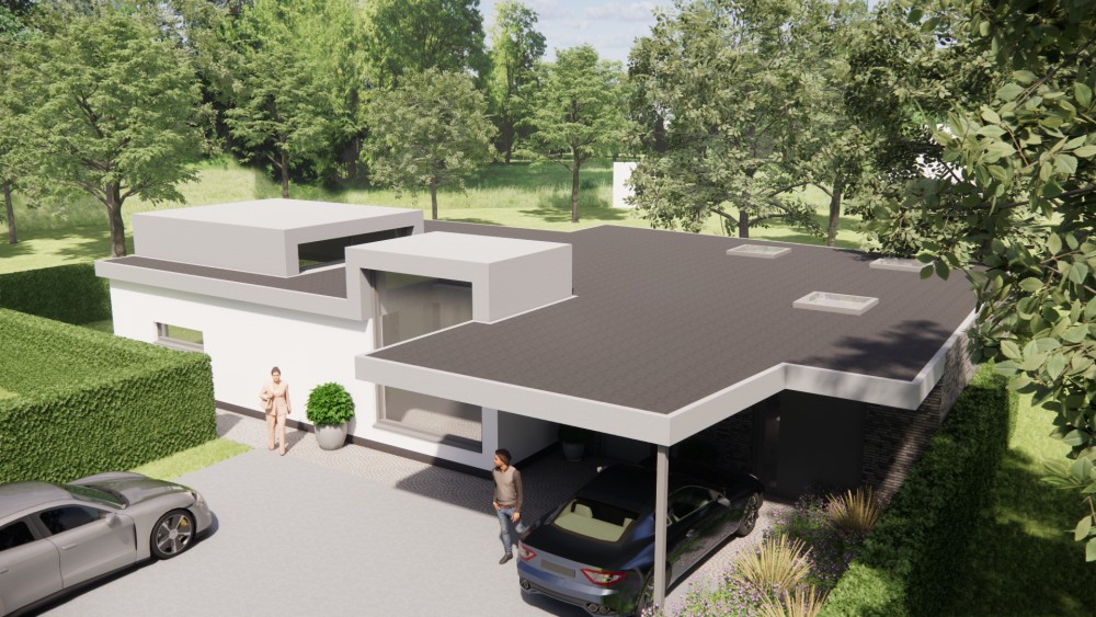 3D Render van vrijstaande kubistische woning met pleisterwerk en plat dak 4