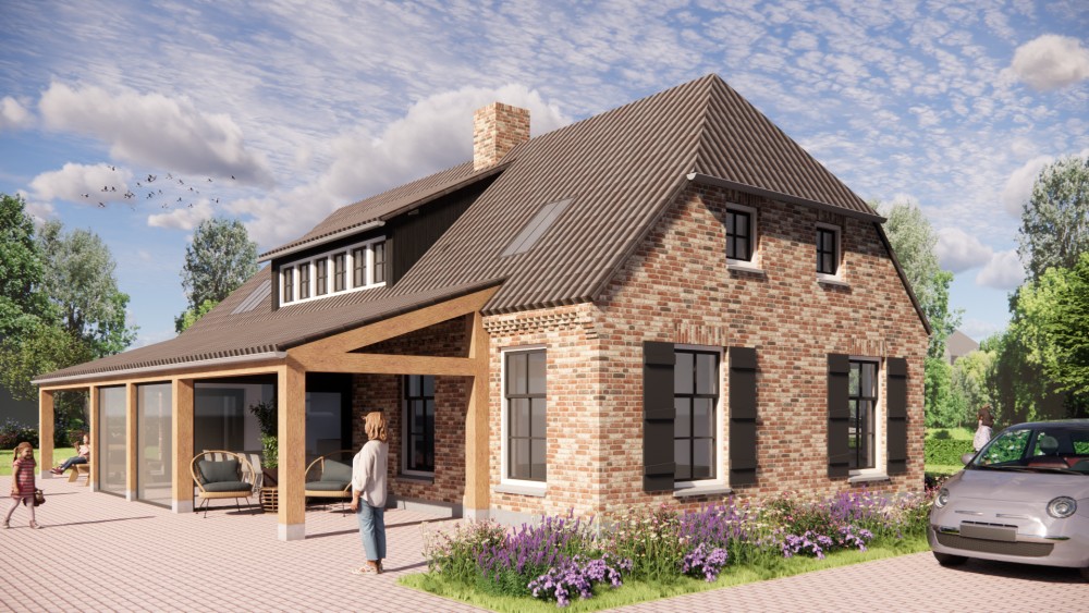 Afbeelding van Boerderijwoning met wolfsdak, gegolfde dakpannen en houten accenten - 4bc53e60-f8b2-4fa3-be1c-bc770d629eeb