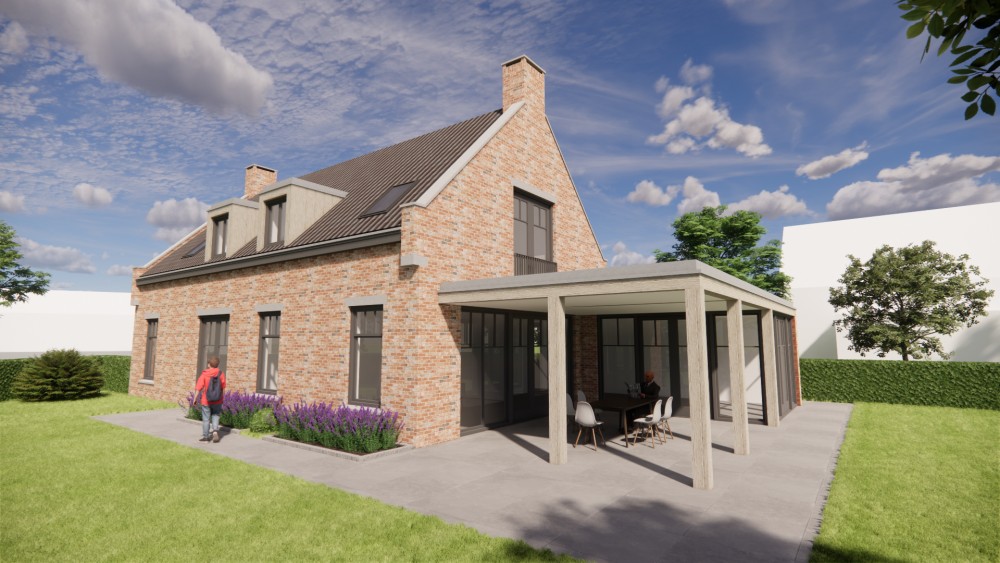 3D Render van vrijstaande Kempische woning in metselwerk met zadeldak en gegolfde dakpannen 4