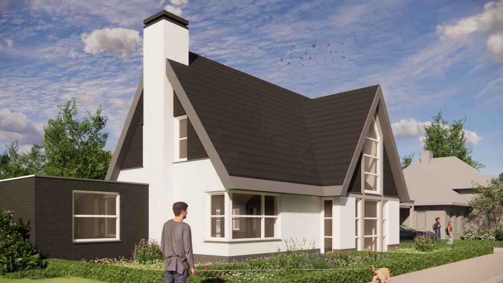 Afbeelding van Vrijstaande moderne woning met wit en zwart metselwerk en zadeldak met vlakke dakpannen - 40c39286-de74-4628-a76a-67b0f376ebe7