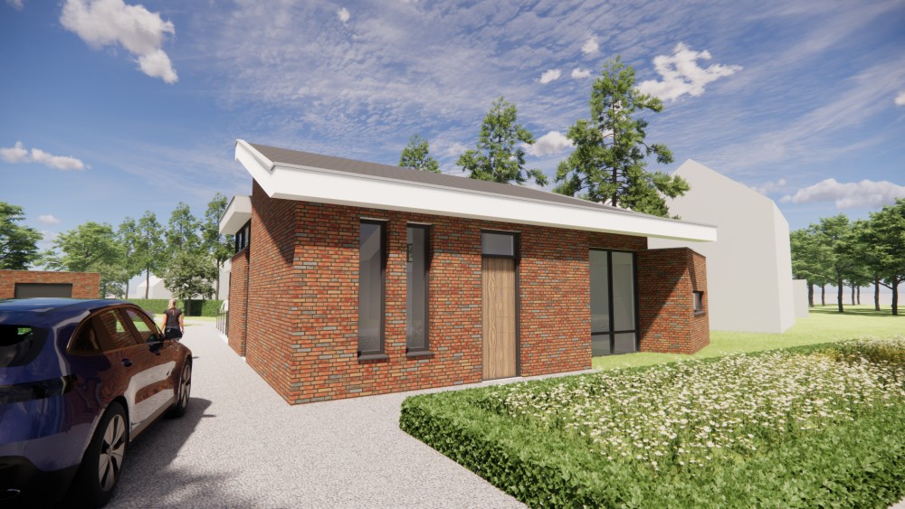 Afbeelding van Moderne vrijstaande woning in metselwerk met lessenaarsdak met vlakke dakpannen en verholen dakgoot - fb4d5532-a7d9-4a04-8acc-1fbba6d542bb