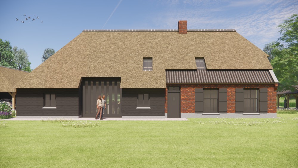 3D Render van boerderijwoning met rieten wolfsdak, houten accenten en metselwerkgevels 6