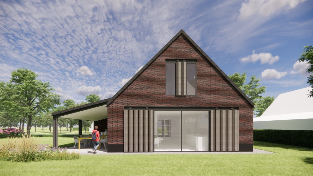 3D Render van vrijstaande schuurwoning met metselwerk gevels en zadeldak met vlakke dakpan 7