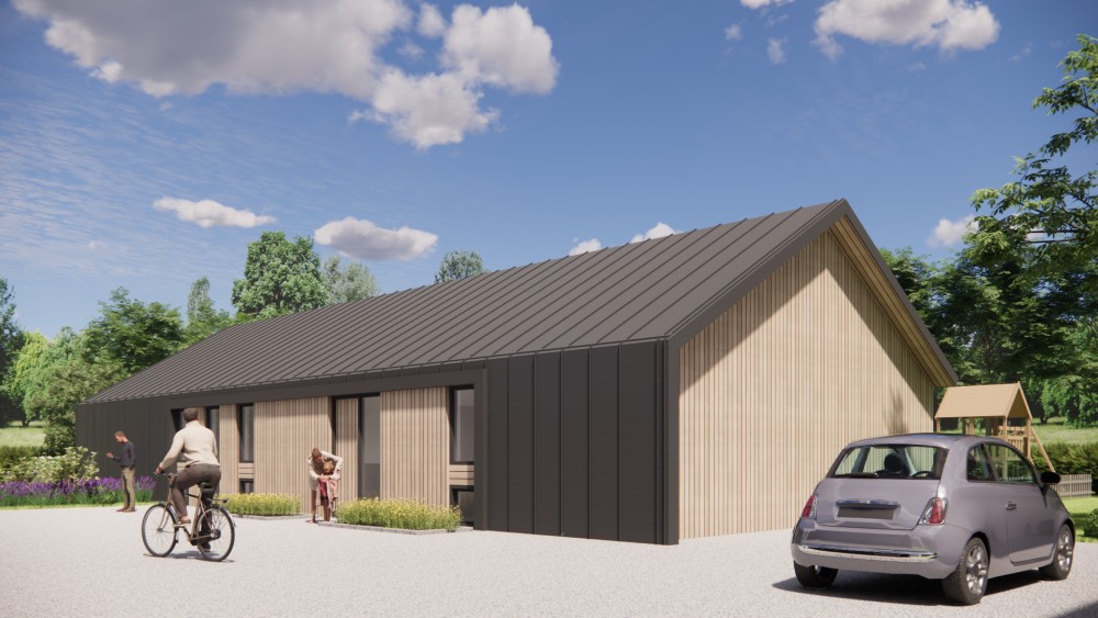 Afbeelding van Moderne schuurwoning met houten gevel felsplaat zadeldak en overstekken - 2202c3a7-8c8a-4379-a1af-02087b9912e4