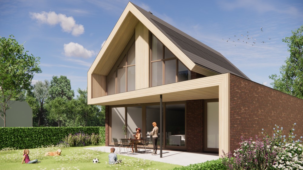 Afbeelding van Moderne woning met houten gevelaccenten, vlakke dakpannen en overdekte entree - 784963db-b7d8-4151-81d0-24323e50d384