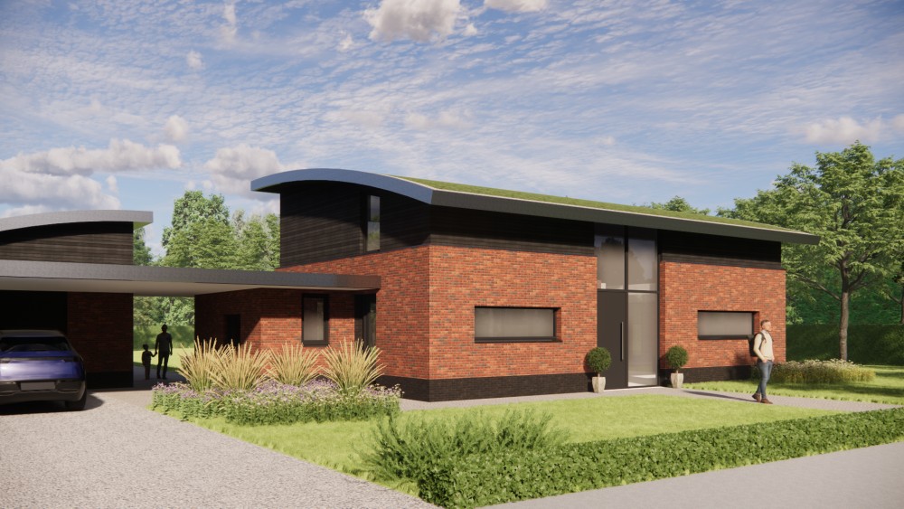 3D Render van eigentijdse vrijstaande woning met gebogen groendak, metselwerkgevels en houten accenten 6
