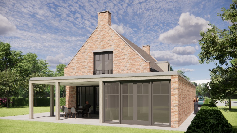 3D Render van vrijstaande Kempische woning in metselwerk met zadeldak en gegolfde dakpannen 7