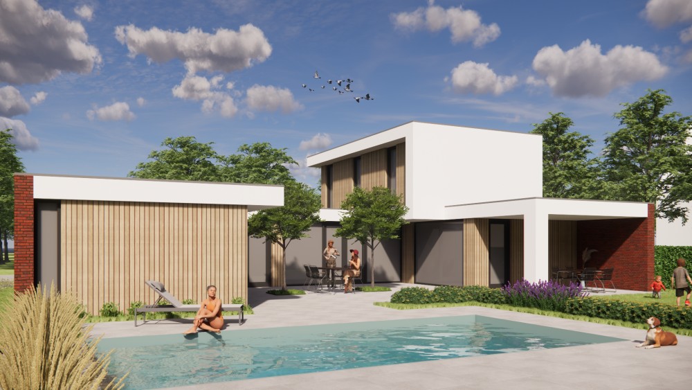 Afbeelding van Kubistische woning met wit pleisterwerk, houtaccenten en strak vormgegeven buitenruimte - 79a2baf9-4826-4fd7-a007-6247e070dc71