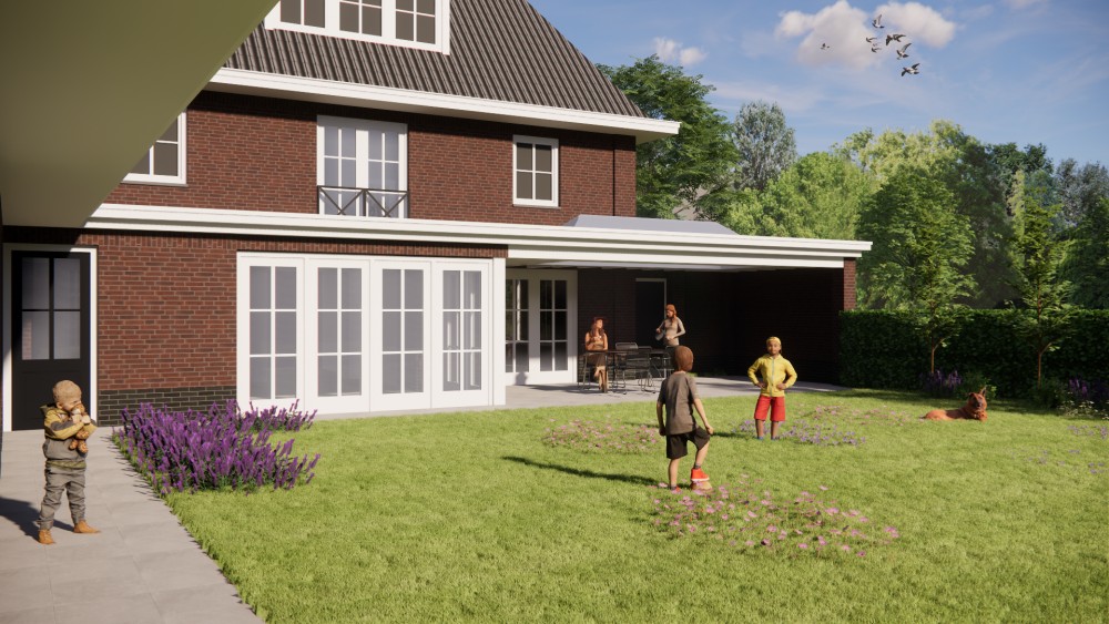 3D Render van notariswoning met metselwerk gevels, dakkapellen en gegolfd schilddak 6