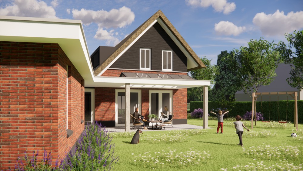 Afbeelding van Traditionele woning met rieten kap en warmrode bakstenen gevel - f7e6ac0f-880c-47d1-8bdb-9b40b393f96f