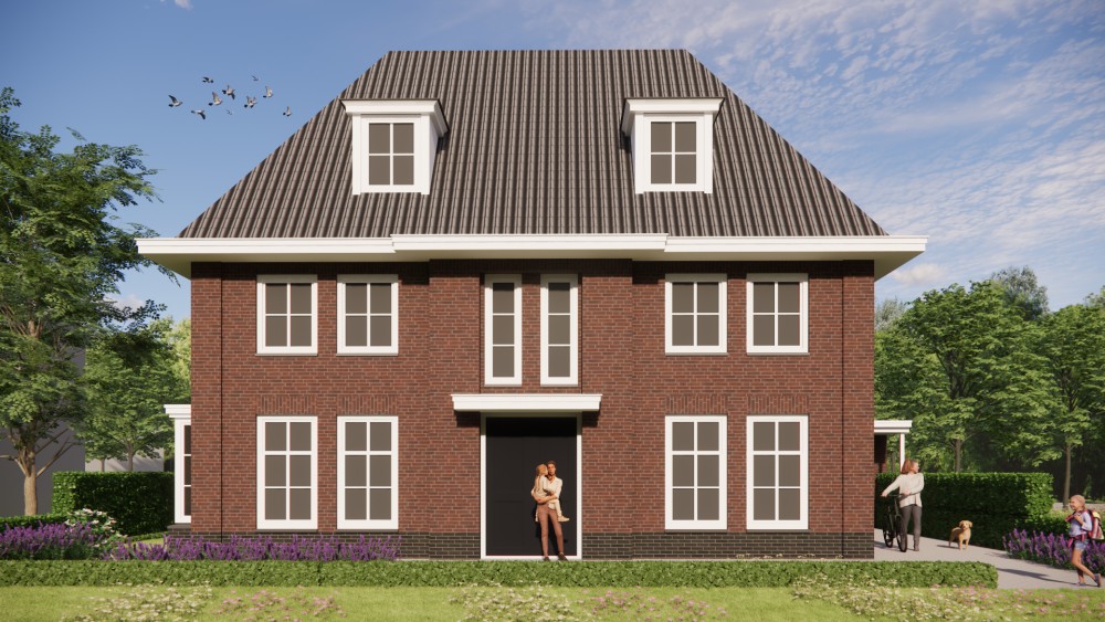 3D Render van notariswoning met metselwerk gevels, dakkapellen en gegolfd schilddak 4
