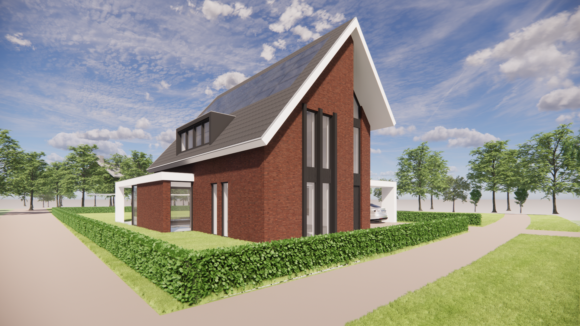 3D render van Moderne gezinswoning met metselwerk, zadeldak en royale overkapping
