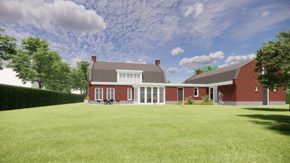 3D Render van vrijstaand woonhuis in jaren 30 stijl met metselwerkgevel en mansardedak met gegolfde dakpannen 7