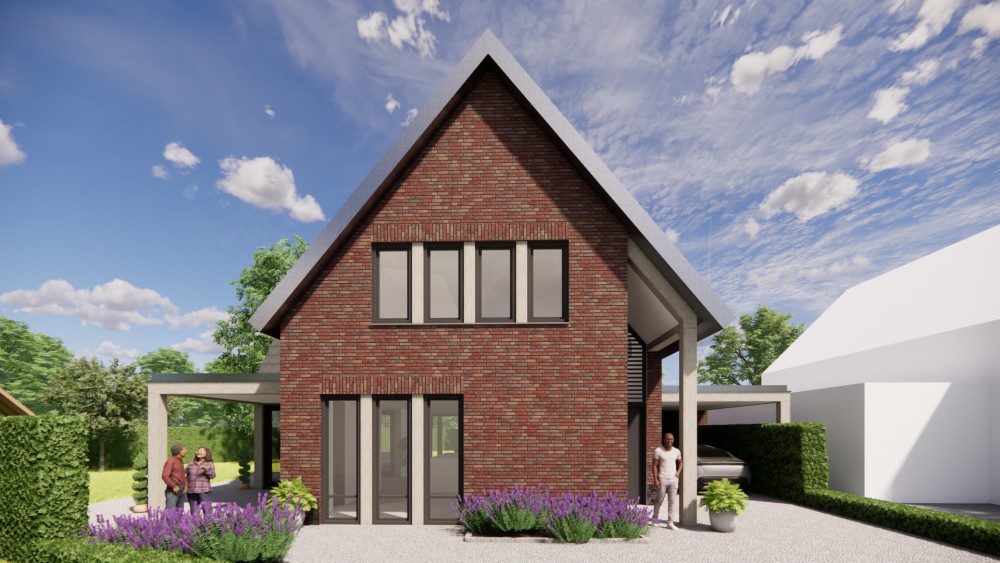 3D Render van moderne vrijstaande woning met metselwerk gevels en zadeldak met vlakke dakpannen 4