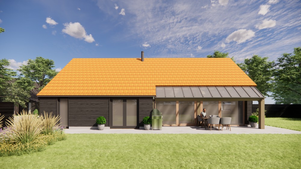 3D Render van vrijstaande schuurwoning met houten gevel, zadeldak met vlakke dakpannen en overdekte entree 6