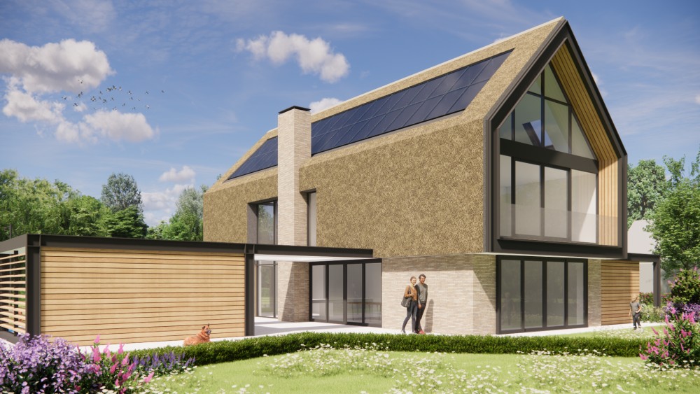 Afbeelding van Rietgedekt landhuis met stalen spanten en diepe dakoverstekken - 24eba8ef-bc5d-437b-b1c1-3866781007da