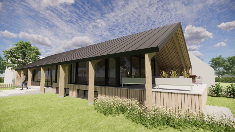 Afbeelding van Moderne schuurwoning met houten gevel felsplaat zadeldak en overstekken - 2202c3a7-8c8a-4379-a1af-02087b9912e4