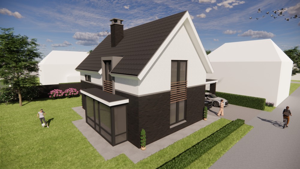 3D Render van vrijstaande eigentijdse woning met metselwerkgevel en zadeldak met vlakke dakpannen 4