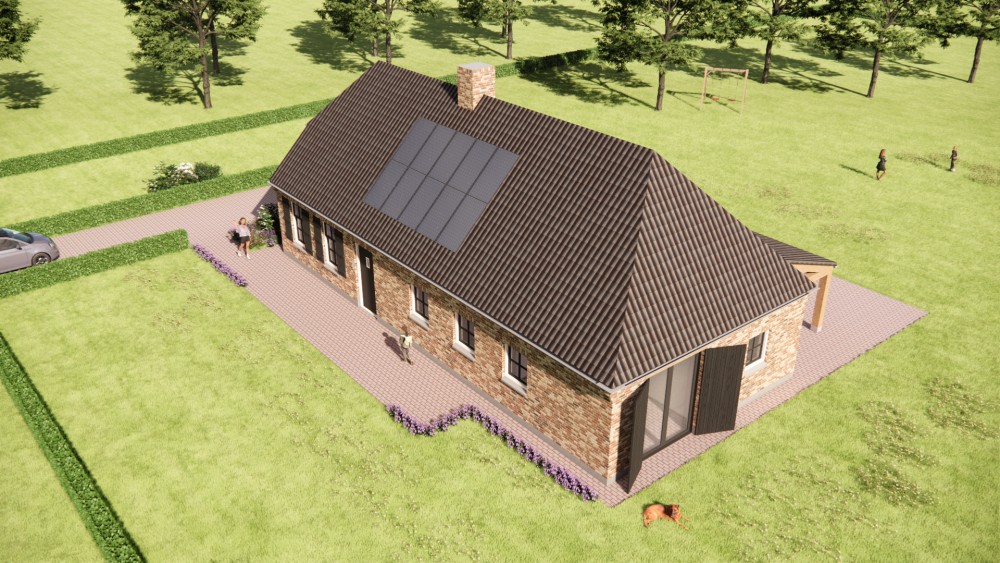 3D Render van boerderijwoning met wolfsdak, gegolfde dakpannen en houten accenten 8