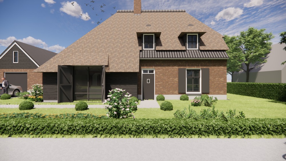 3D Render van vrijstaand landelijk huis met metselwerk gevels en wolfsdak in riet en gegolfde pannen 5