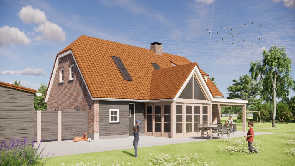 Afbeelding van Boerderijwoning met rood gegolfd wolfsdak, witte dakranden en bakstenen gevel - f22eee79-03e0-471b-b9b5-37126a16af3d