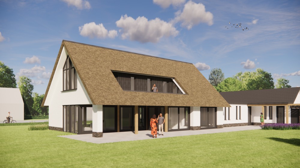 Afbeelding van Moderne L-vormige woning met rieten zadeldak en gekeimde gevels - 1c6a0366-39c2-4c5e-9de1-43f281d360f8