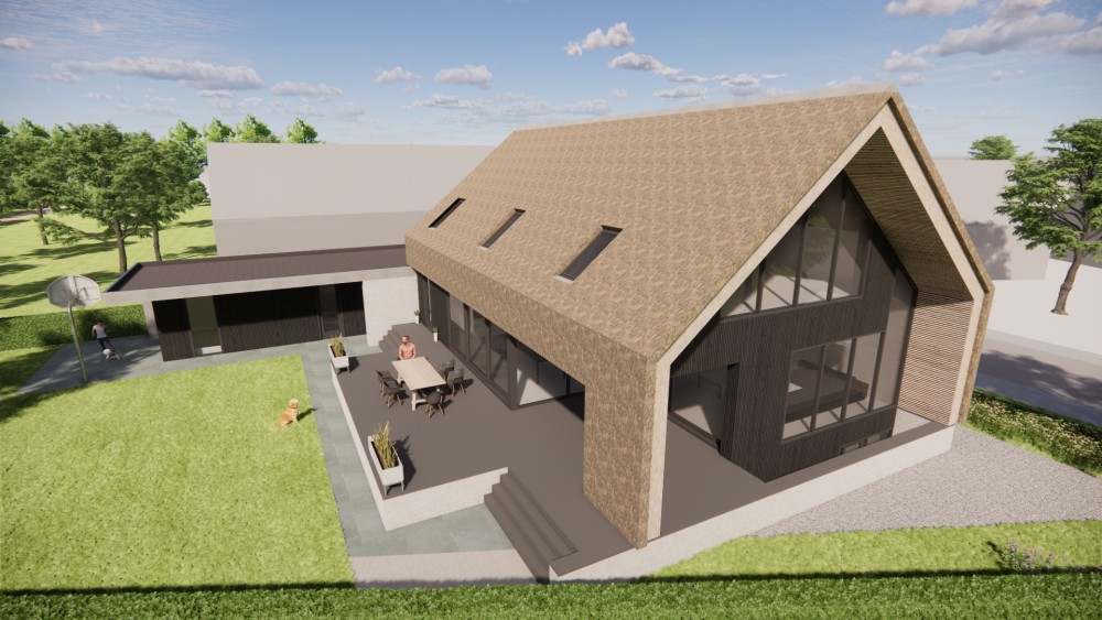 Afbeelding van Moderne schuurwoning met rieten zadeldak en houten gevels - e3d9682a-ffd3-47d6-8717-ac548a74fbd5