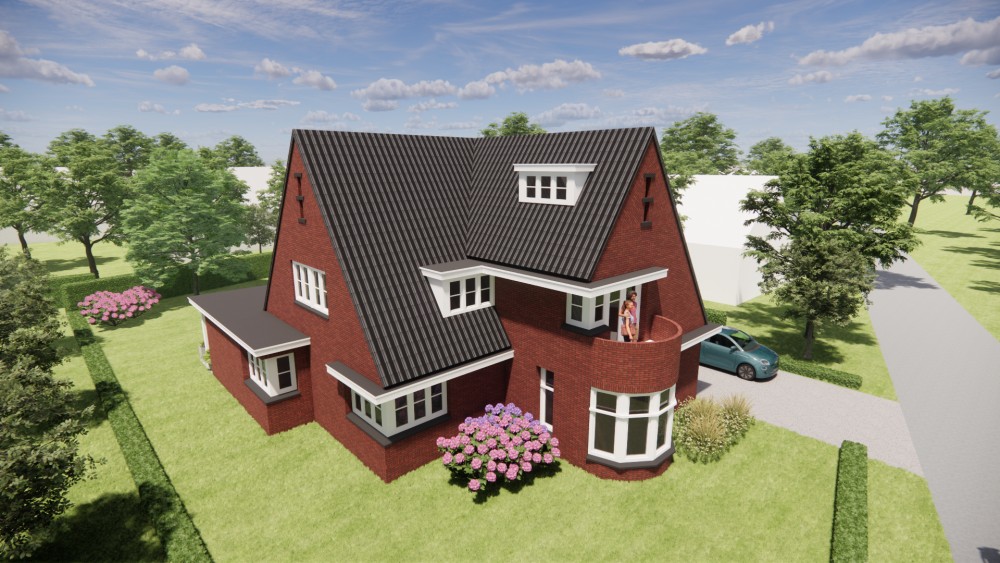 3D Render van vrijstaande jaren 30 woning in metselwerk met zadeldak en gegolfde dakpannen 7