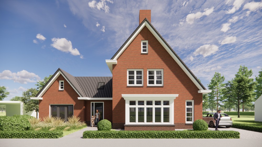 3D Render van vrijstaande jaren 30 woning met metselwerk gevels en zadeldak met gegolfde dakpannen 4