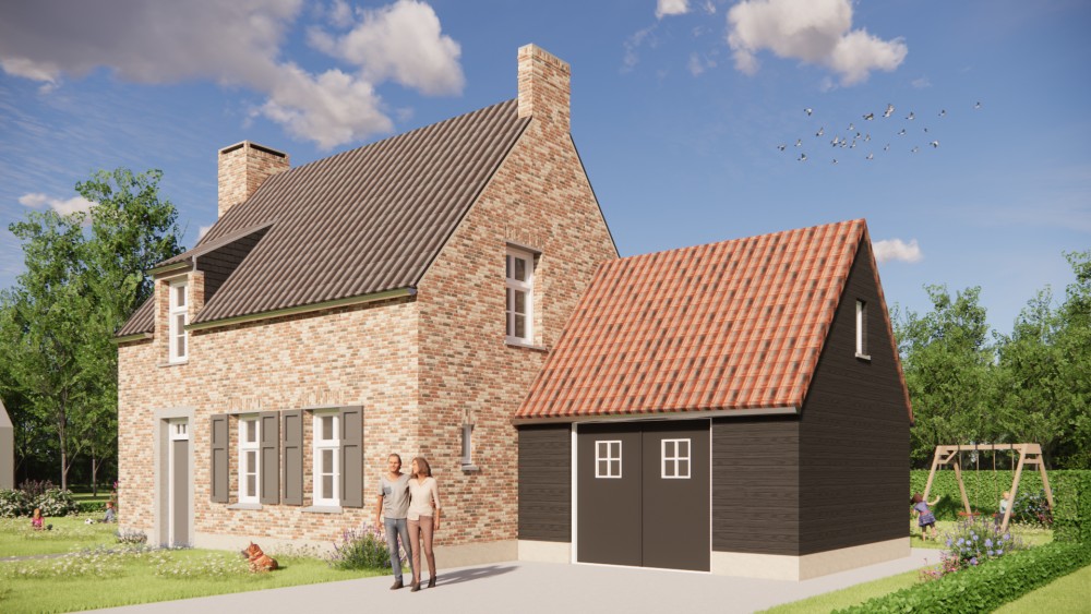 Afbeelding van Kempisch woonhuis met metselwerk gevel en zwarte aanbouw met rode dakpannen - 6c97d45f-f7f4-4ea5-a085-704e0d99673a