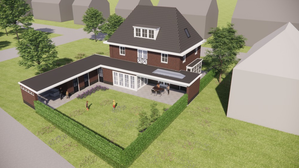 3D Render van notariswoning met metselwerk gevels, dakkapellen en gegolfd schilddak 8