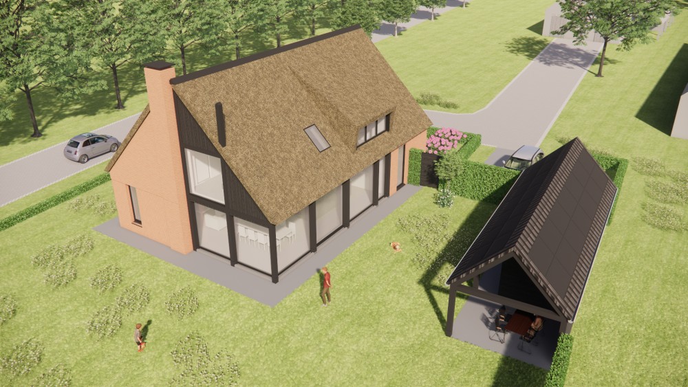 3D Render van rietgedekte schuurwoning met bakstenen gevel en houten details 8