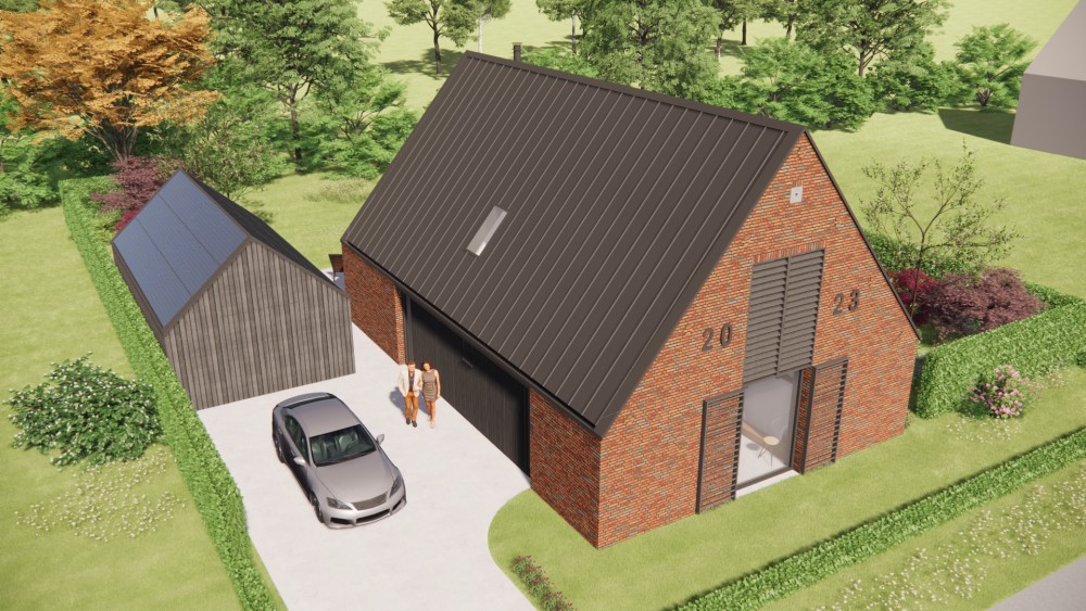 3D Render van eigentijdse schuurwoning met metselwerk en houten gevelaccenten 8