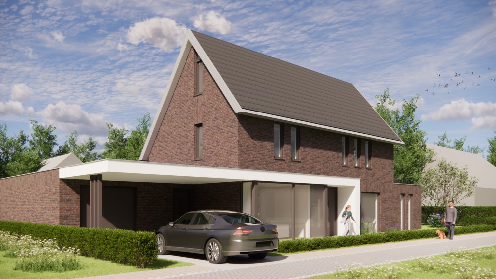 Afbeelding van Moderne woning met zadeldak, metselwerk en verholen dakgoot - 1a0e36df-ca3a-4364-b7ac-4f8f5150a327