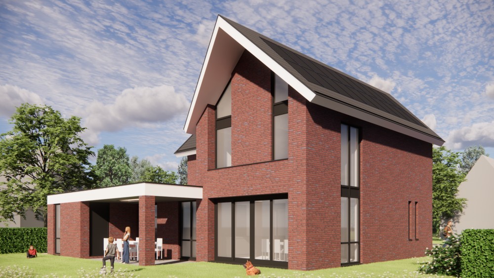 Afbeelding van Strakke baksteenarchitectuur met zadeldak en schuine dak overstek - c07a714d-070b-4ec2-8bd1-0808acb6ce37