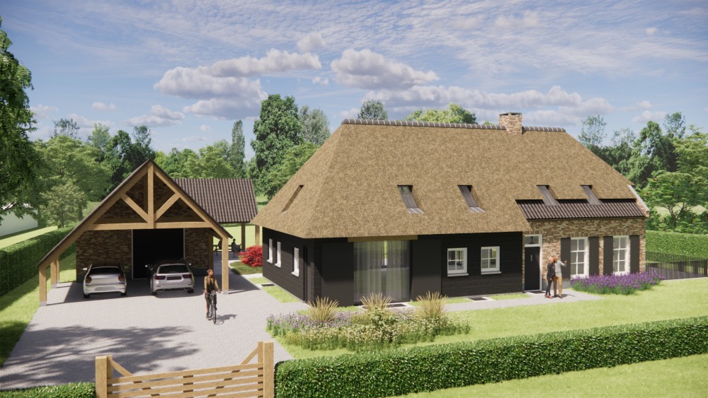 Afbeelding van Landelijke boerderijwoning met rieten wolfsdak en metselwerk met houten accenten - 6635d8b0-74b1-40bd-83d8-d9b409c96c73