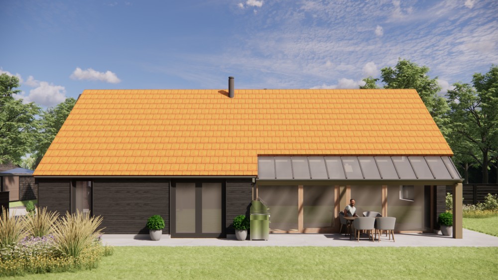 3D Render van vrijstaande schuurwoning met houten gevel, zadeldak met vlakke dakpannen en overdekte entree 8