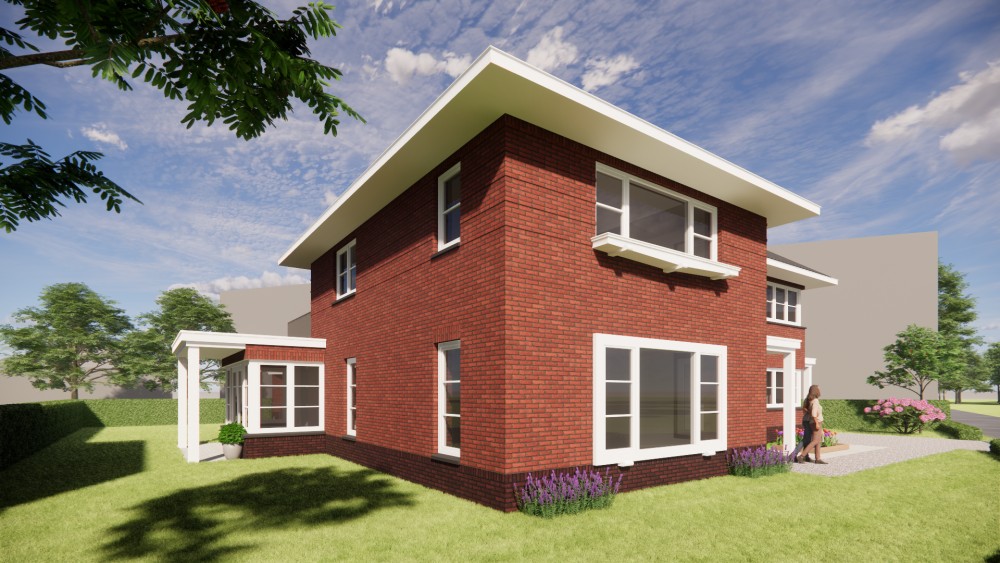 3D Render van vrijstaand jaren 30 huis met metselwerkgevels en schilddak met gegolfde dakpannen 4