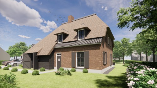 Afbeelding van Vrijstaand landelijk huis met metselwerk gevels en wolfsdak in riet en gegolfde pannen - 1500044d-a52e-4225-b348-1803a83b1f78