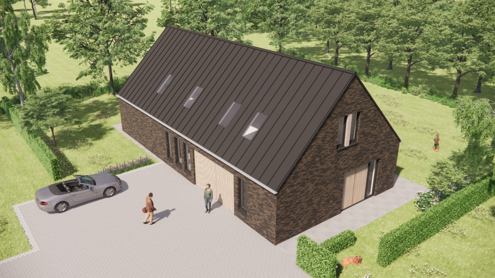 3D Render van schuurwoning met houten gevels, metalen zadeldak en overdekt terras 7