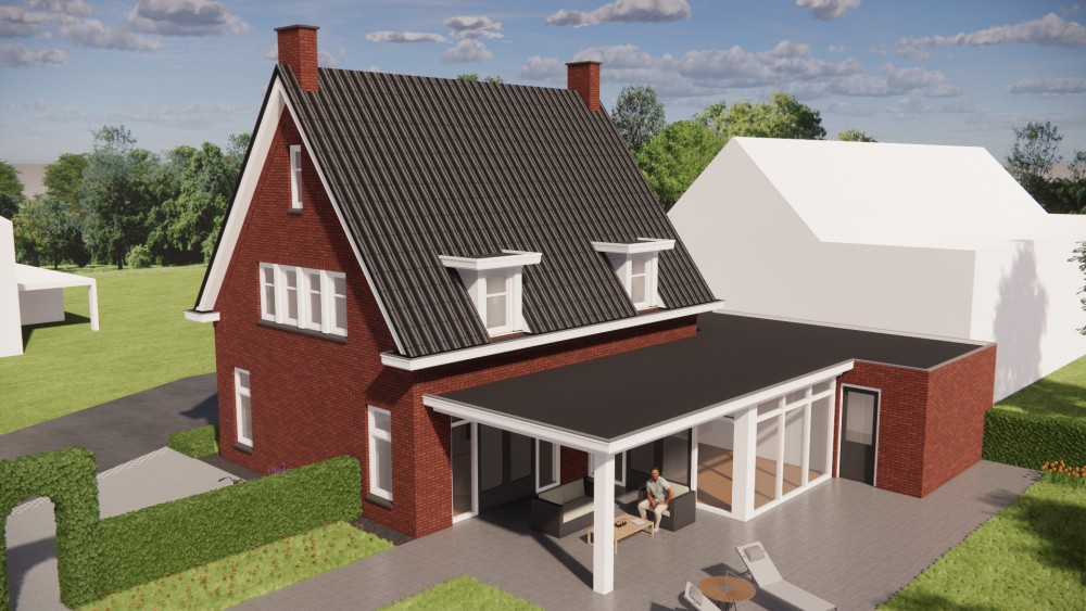 3D Render van jaren 30 notariswoning met zadeldak, metselwerk en houten kozijnen 9