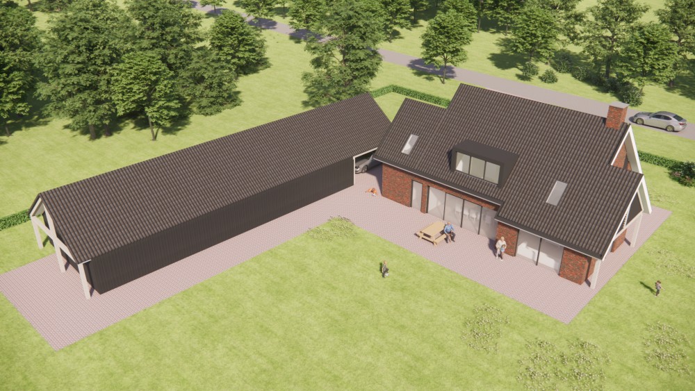 3D Render van landelijk-modern woonhuis met metselwerk, houten balken en gegolfd zadeldak 8